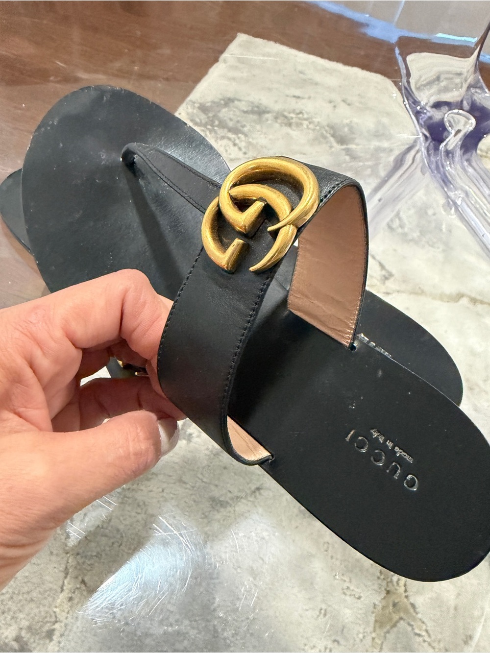 Gucci Black Leather Slide Sandal with Gold Double-G Accent